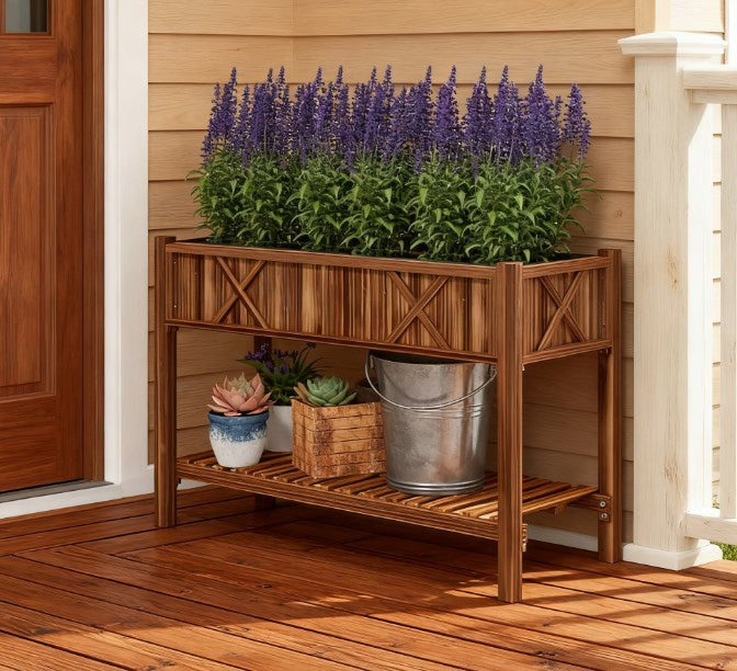 Dual-Tier Raised Garden Bed,Elevated Wood Planter Box,with Storage Shelf,Drainage Holes,and Liner