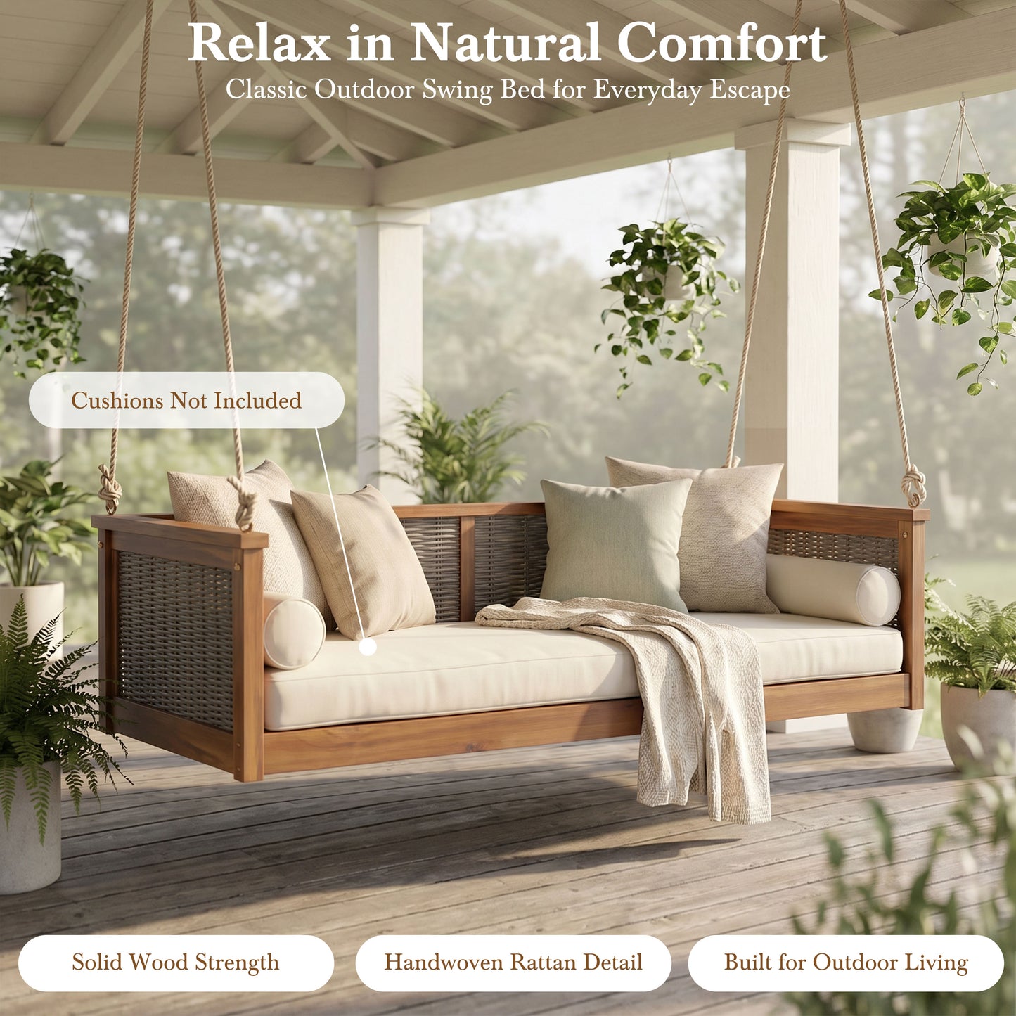 TOPMAX Outdoor Classic Solid Wood Twin Size Swing Bed,Garden Porch Rattan Swing Frame with Long Ropes for Poolside, Backyard,TEAK
