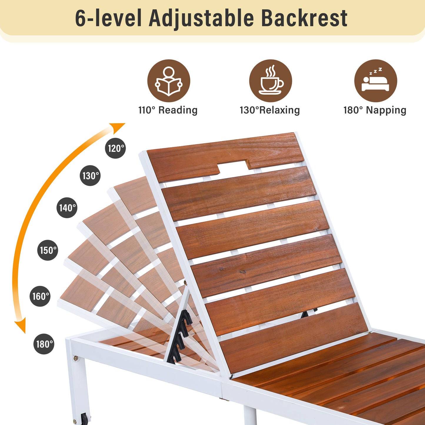 Outdoor Chaise Lounges Pool Lounge Chairs Outdoor Daybed Recliner with Adjustable Backrest for Patio, Poolside or Beach, White+Brown