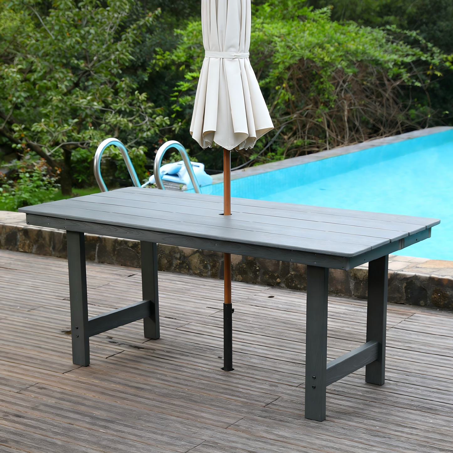 HDPE Patio Dining Family Table, coffee table, outdoor table for 4-6 People with Umbrella Hole for Backyard, Garden, Pool, Grey