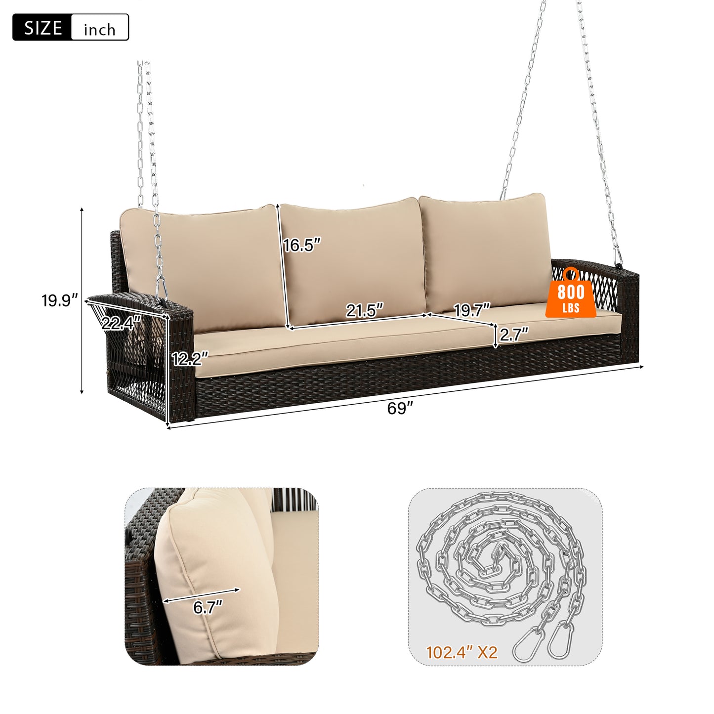 GO 69" PE Wicker 3-Person Porch Swing with Chains, Large Patio Swing Bench with Cushions for Backyard, Garden, and Poolside, Brown