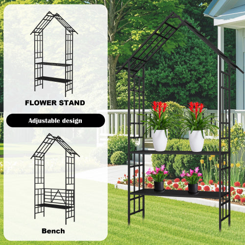 97" Tall Metal Garden Arch with Bench - Convertible Flower Stand for Climbing Plants, Powder-Coated Black Outdoor Arbor for Roses/Ivy (58" Wide)