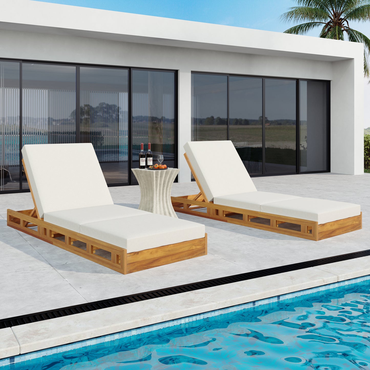 LOUNGE CHAISE SET, ACACIA SOLID WOOD WITH LOUNGE CUSHION (CREAM & TRIPLE FOLD) - MATCHING DARK GREY VERSION AVAILABLE