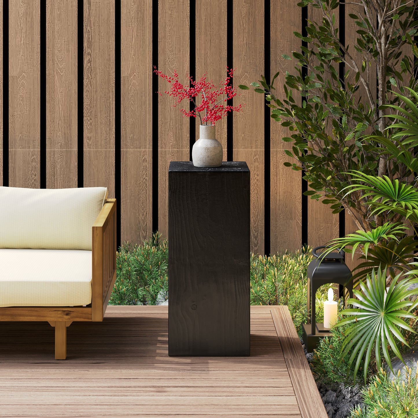 Wood-Look Square-Column MGO End Table,  H33.75",Wood-Like Distressed Finish, Mix with Different Heights, Indoor Outdoor Use,Black Color