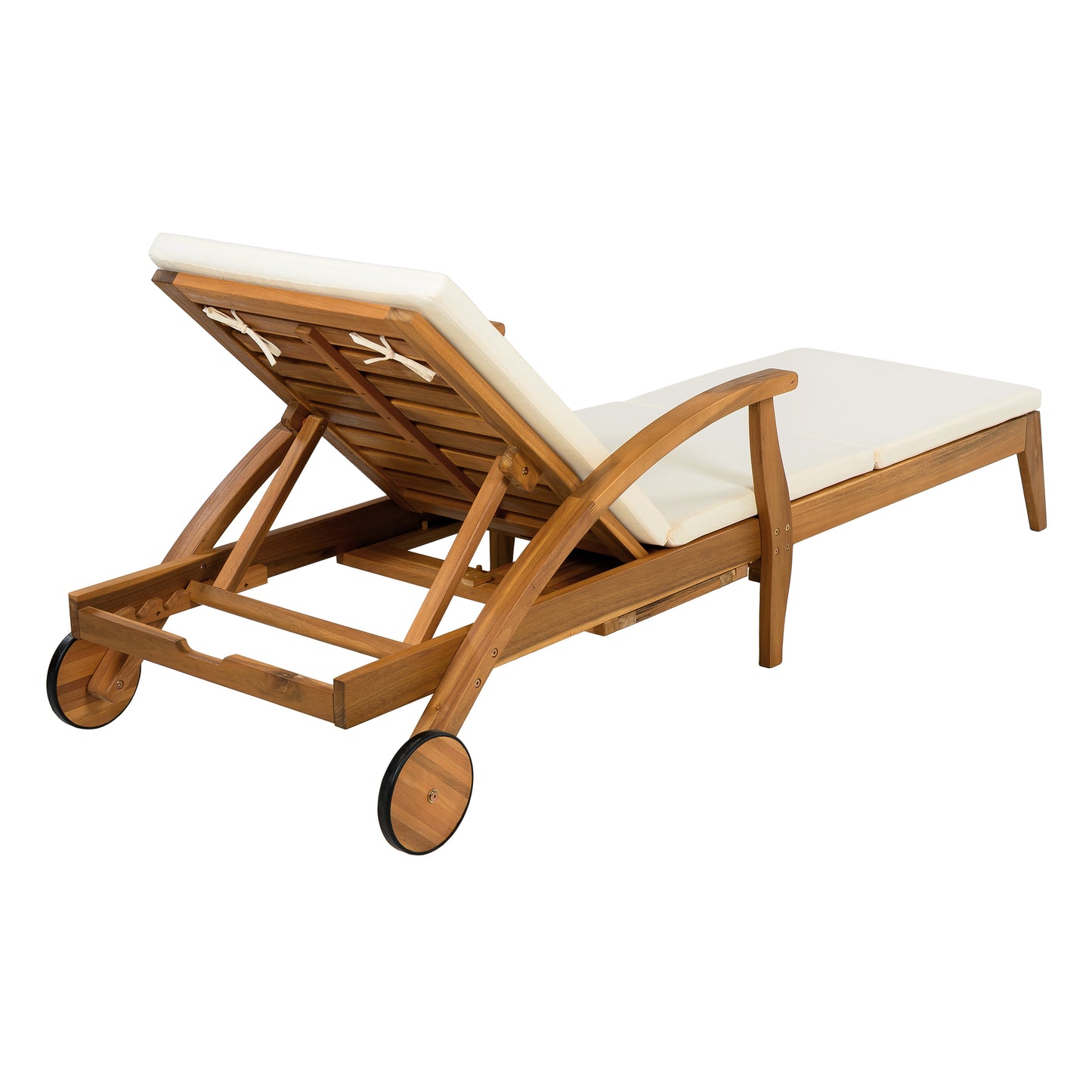 CHAISE LOUNGE WITH WHEEL - ACACIA WOOD RECLINER FOR PATIO/GARDEN, WITH 2INCH WHITE CUSHION, 4-POSITION ADJUSTABLE BACKREST, VERSATILE OUTDOOR FURNITURE