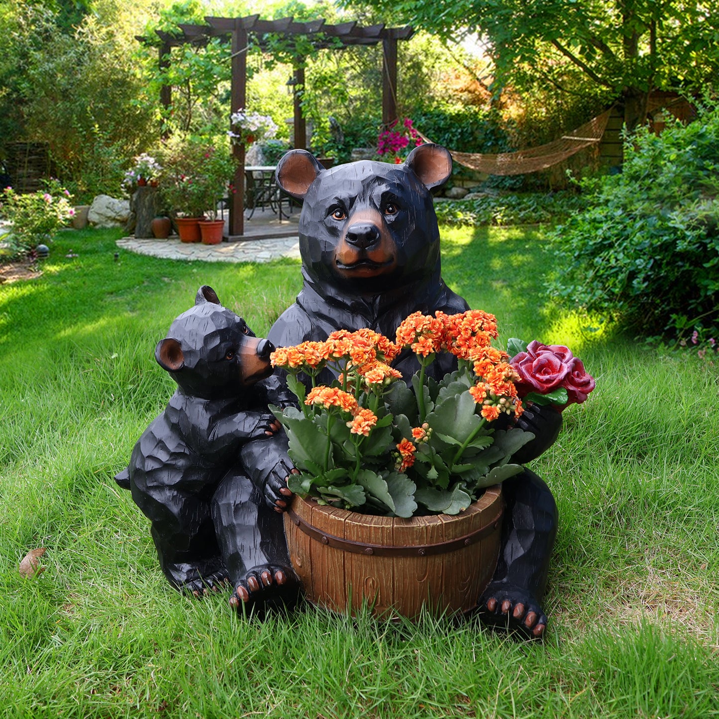 Outdoor Garden Sculpture Bear Flower Pot Planter - Unique Yard Statue Decoration, Interesting Law Outdoor Ornament