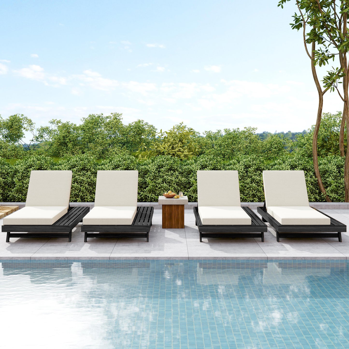 Lounge Chaise Set, Space Available On One Side, Acacia Wood In Black With Water-Resistant Lounge Cushions (Cream & 4 Inch Thick) – Matching Dark Grey Version Available