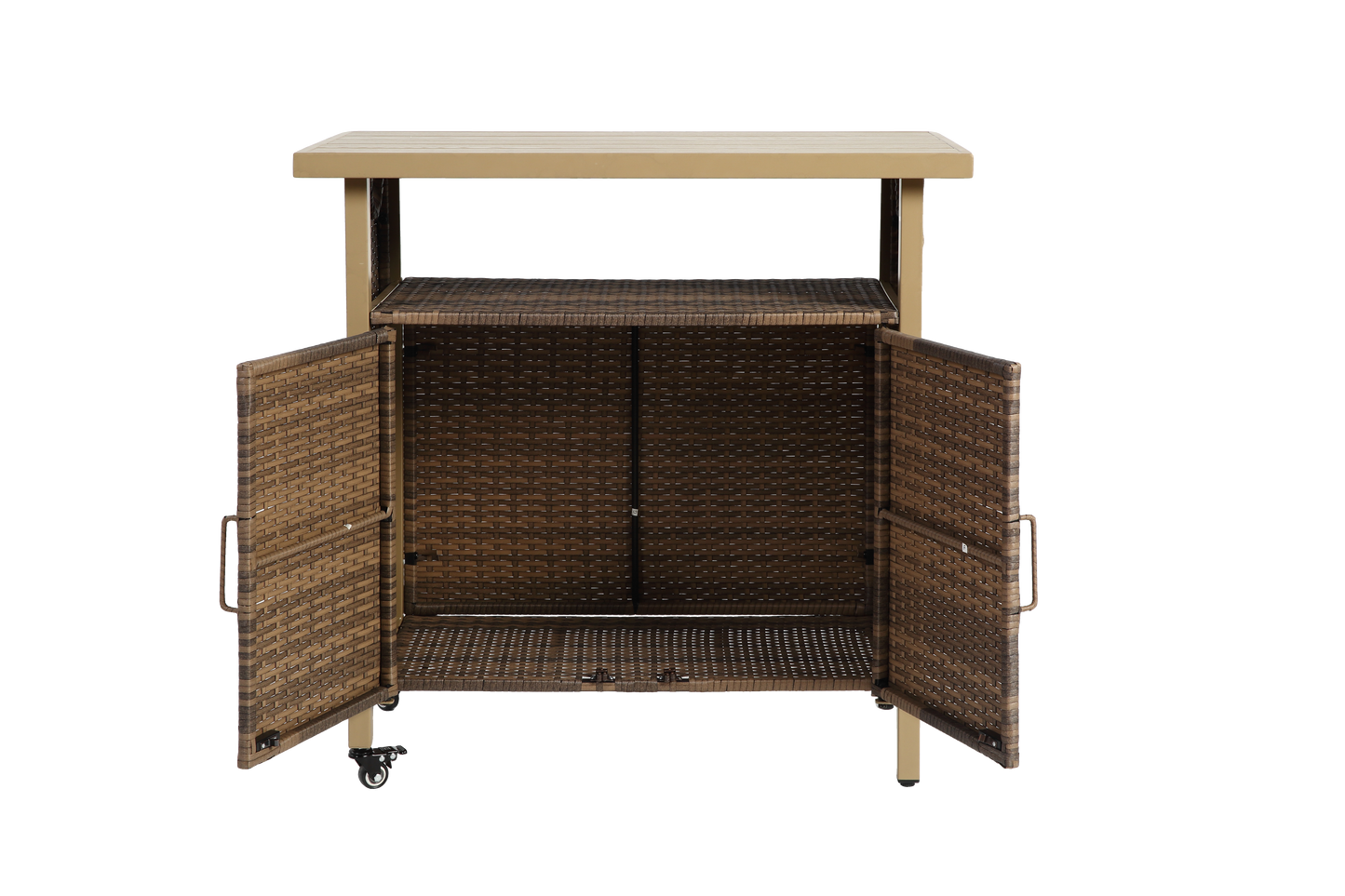 Outdoor Wicker Bar Cart, Patio Wine Serving Cart w/Wheels , Rolling Rattan Beverage Bar Counter Table for Porch Backyard Garden Poolside Party, Beige