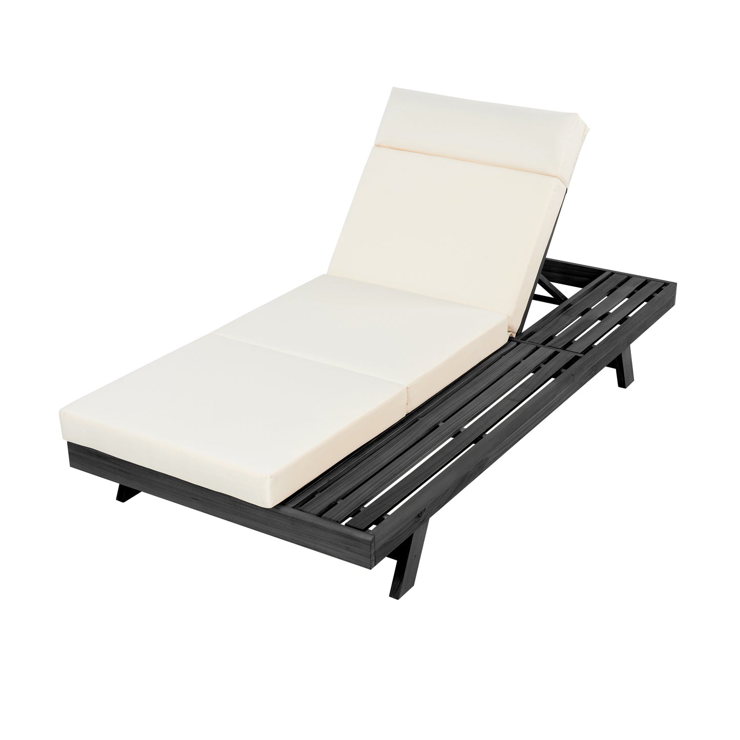 Lounge Chaise Set With Headrest, Space Available On One Side, Acacia Wood In Black With Water-Resistant Lounge Cushions (Beige & 3-Fold & 4 Inch) – Matching Dark Grey/Cream Version Available