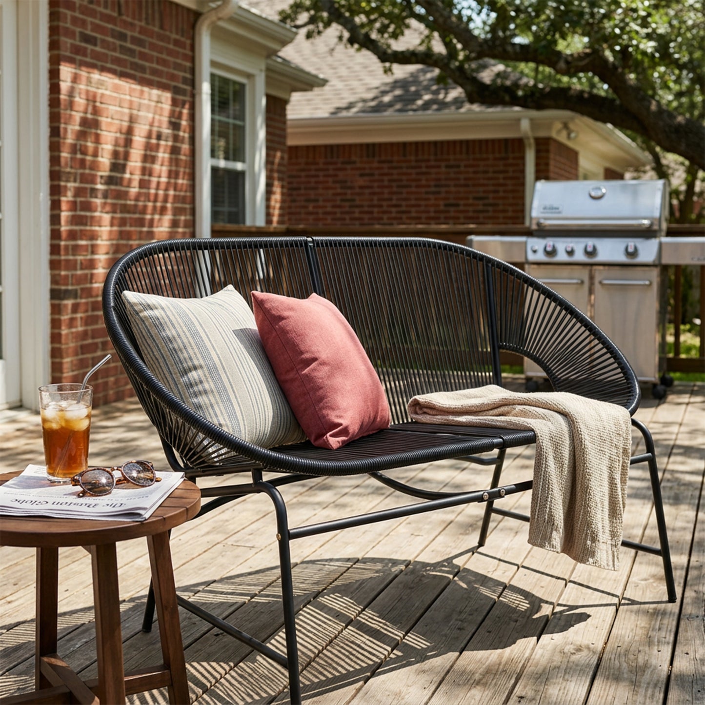 CONDESSA OUTDOOR PATIO WICKER LOVE SEAT, BLACK PE RATTAN & IRON FRAME, SET OF 1