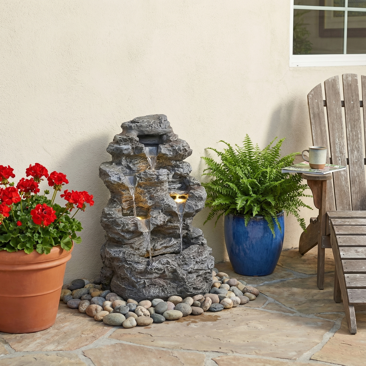 5-Tiered Concrete Tall Slim Fountain, 23.85"H –LED-Lit Column, Space-Saving Modern Outdoor Accent, All-Weather Resistant