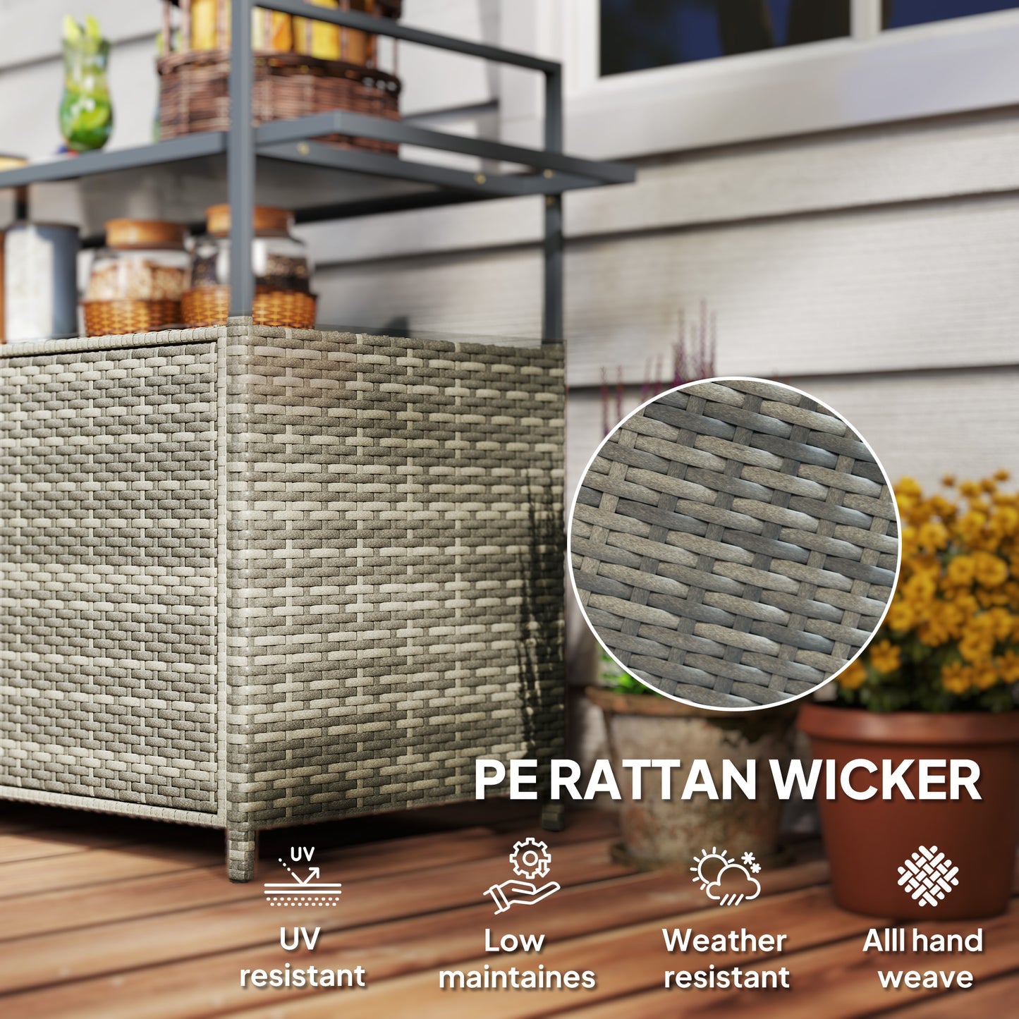 Outsunny Wicker Outdoor Bar Table with 2-Tier Shelf & Cabinet, Mixed Gray
