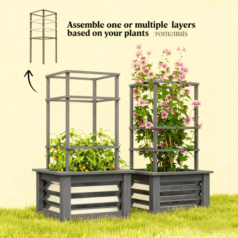 Versatile Raised Garden Bed,Galvanized Planter Box Elevated Garden Bed,Wooden Garden Bed with Trellis