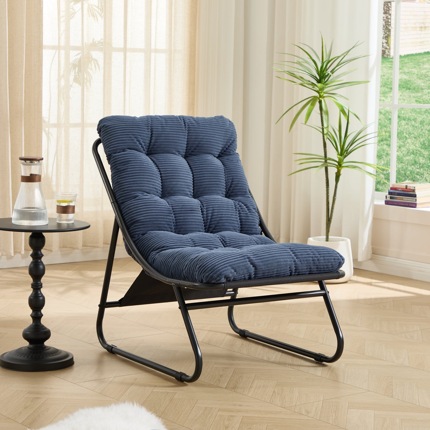 Patio Outdoor Lounge Chair with Ottoman, Comfy Sling Recliner Chair with Puffy Cushion and Foot Stool,  Ideal for Living Room, Bedroom, Reading Room, Black frame with navy blue cushion