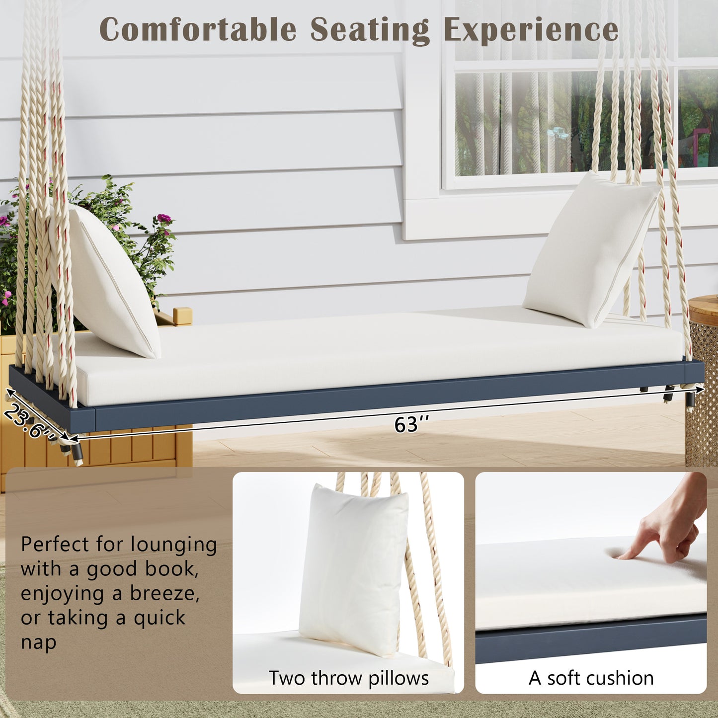 TOPMAX Patio Wooden Swing Chair, Hanging Porch Swing Bench with Cushion&Pillows, 10.8Ft Hemp Ropes for Garden,Backyard, Lawn,Gray