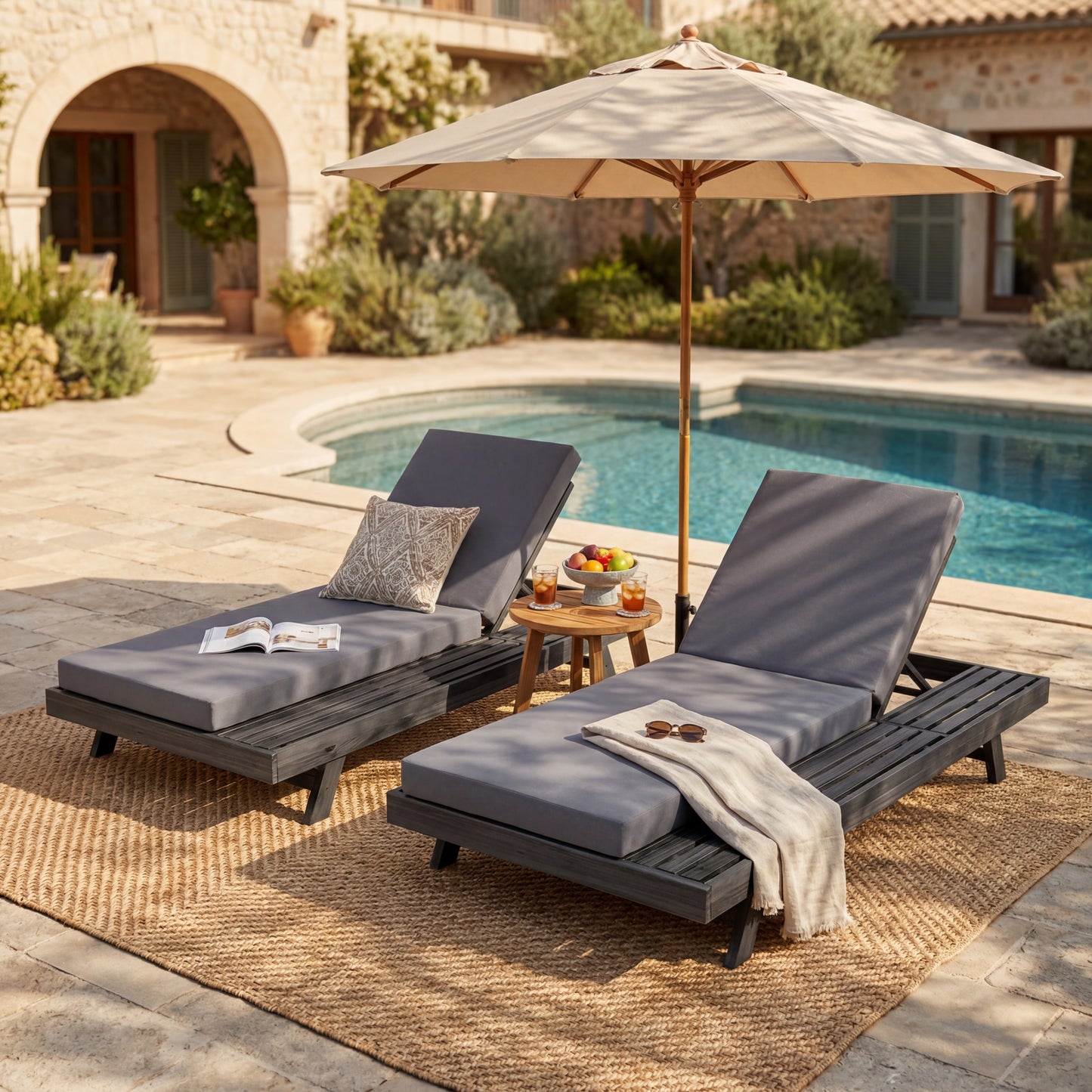 Lounge Chaise Set, Space Available On One Side, Acacia Wood In Black With Water-Resistant Lounge Cushions (Dark Grey & 4 Inch Thick) – Matching Cream Version Available