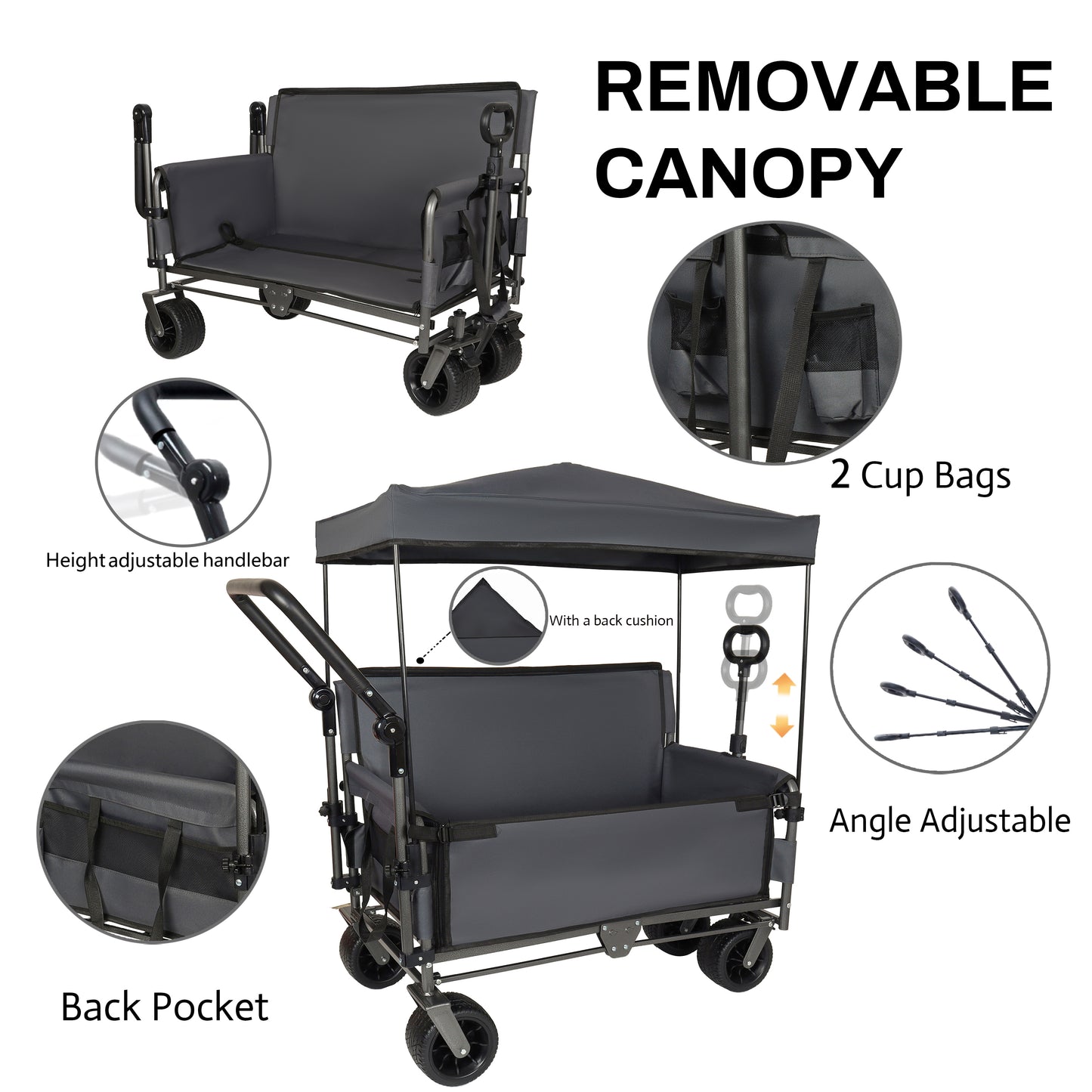 3-in-1 Folding Wagon Cart with Bench Seat & Canopy & Storage, 500lbs Heavy-Duty, 180L Capacity, All-Terrain Wagon for Camping, Beach, Sports, & Garden, Gray