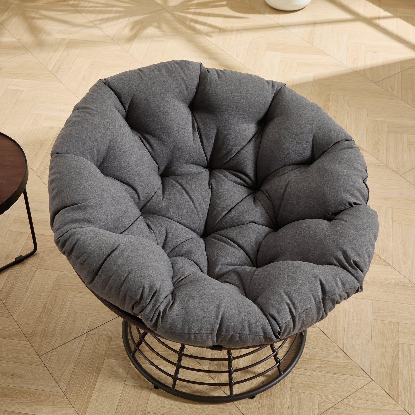 Comfortable Ergonomic Wicker Papasan Chair, 360° Swivel Indoor Outdoor Rattan Chair with Soft Thick Cushion, Ideal for Living Room, Bedroom, Reading Room, Brown Frame with Grey Cushion