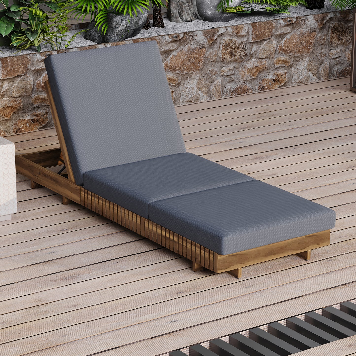 Lounge chaise Set, Acacia solid wood with  LOUNGE CUSHION (Dark Grey+TRIPLE FOLDS) - Matching Cream Version Available