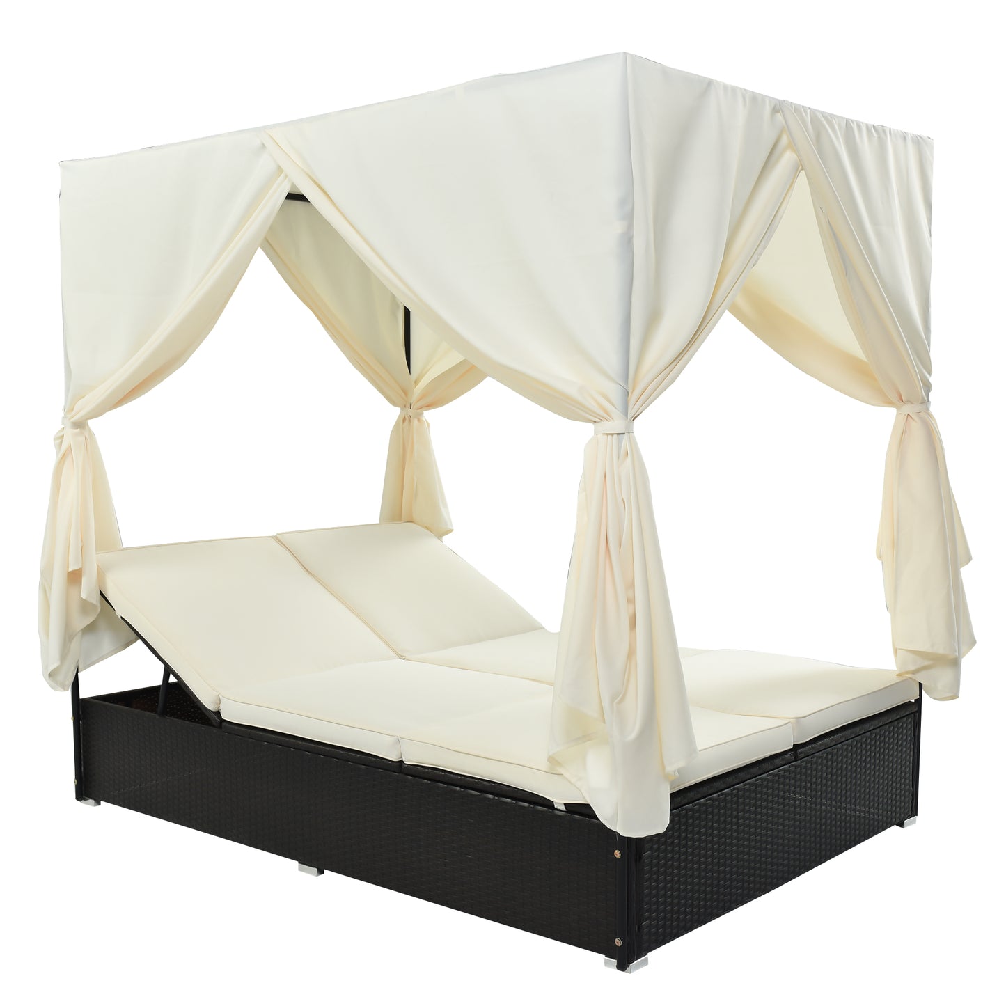 U_STYLE Outdoor Double Chaise Lounge Daybed with Curtains,Patio Outdoor Sunbed with Adjustable Backrest, Sturdy Steel Frame Loveseat Sofa for Backyard,Poolside, Terrace