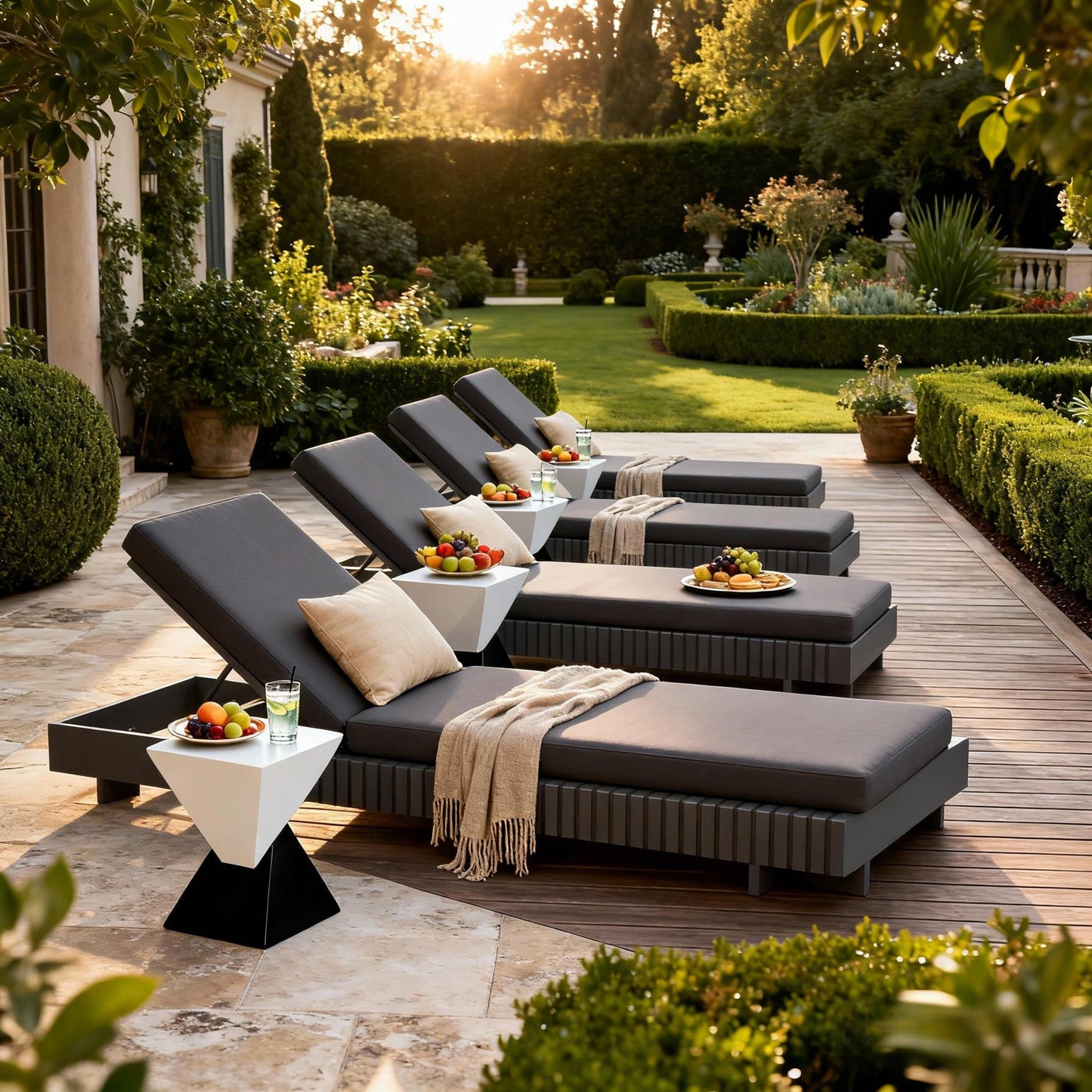 Dark Grey Acacia Solid Wood Outdoor Chaise Lounge with Dark Grey Water-Repellent Cushion, 400lbs Capacity, Modern Patio Sun Lounger for Garden, Poolside