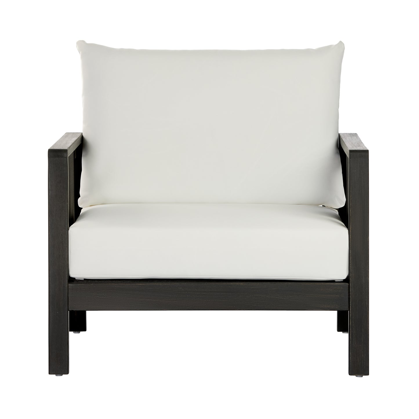 Outdoor Club Chair, Acacia Wood Frame with Black Textilene Accents, Water-Repellent White Cushions for Patio/Backyard/Deck