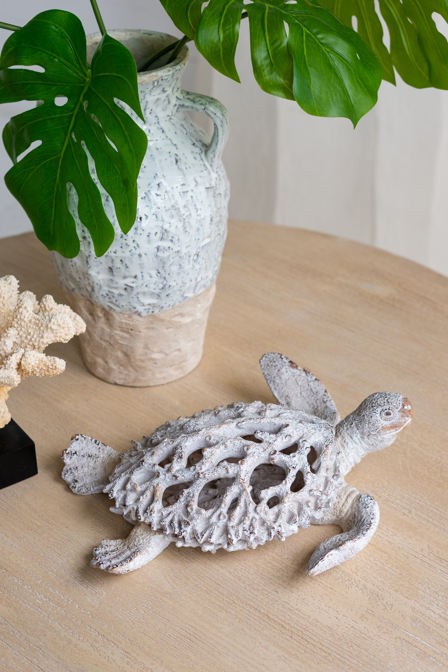 13.2x12.2x3.9" Decorative Polyresin Turtle Statue with White Coral Reef Design