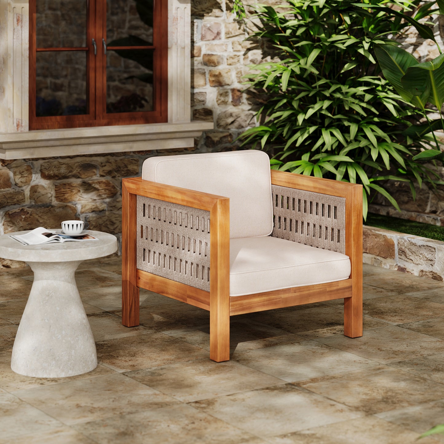 Acacia Wood Outdoor Club Chair  with Beige Rope Arm and Beige Cushions,400 lbs Capacity