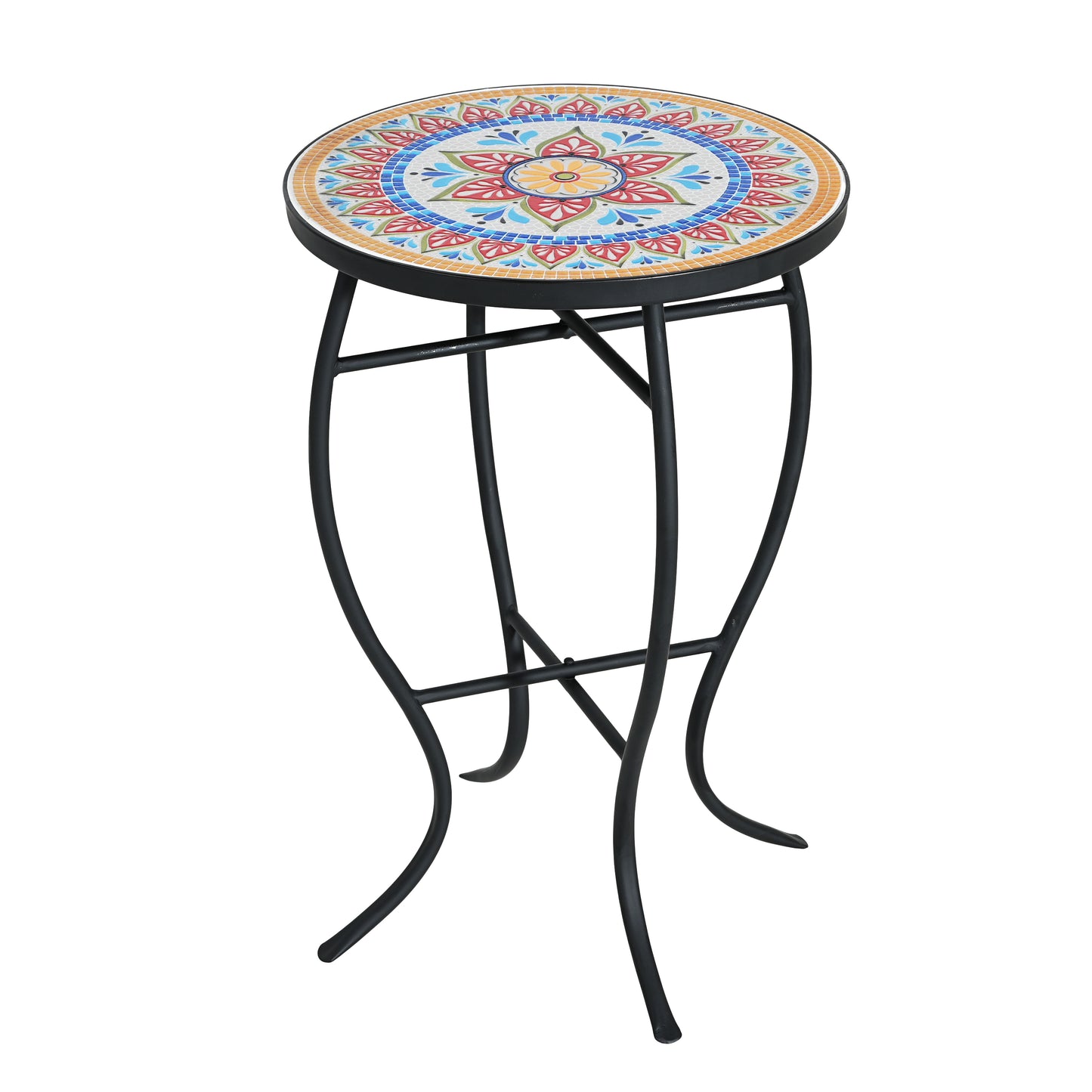Outdoor Round Side Table with Mosaic-Style Top and Curved Iron Legs, Red and Matte Black