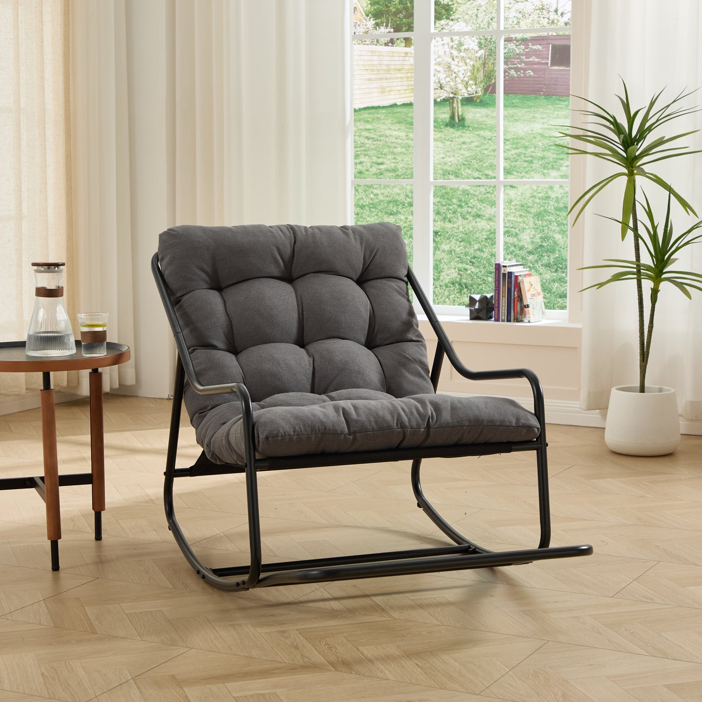 Outdoor Rocking Chair, Comfy Cushion, with Soft Thick Cushion,for Living Room, Bedroom, Reading Room, Black Frame with Grey Cushion