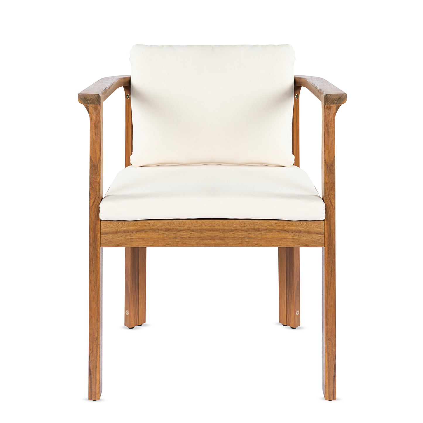 Outdoor Dining Chair Set of 2 with Curved Acacia Wood Arms, Teak Finish and Cream Cushions