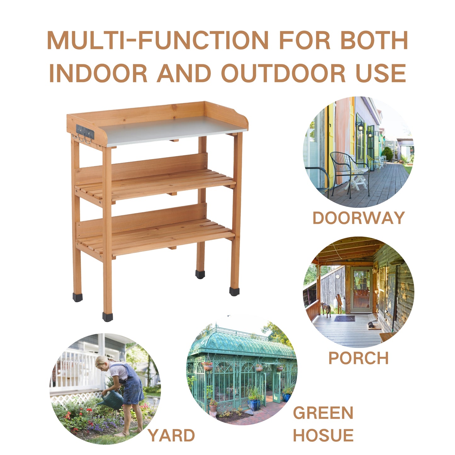 30″x14.5″×35.5″ Potting Table w/Metal Tabletop, 3 Layers Outdoor Work Bench w/Hook for Garden, Solid Wood Workstation for Garage