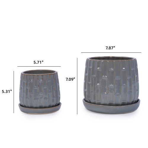 Set of 2) Antique Grey Ceramic Flowerpot, 7 in. Modern Planter for Patio, Garden, Windowsill