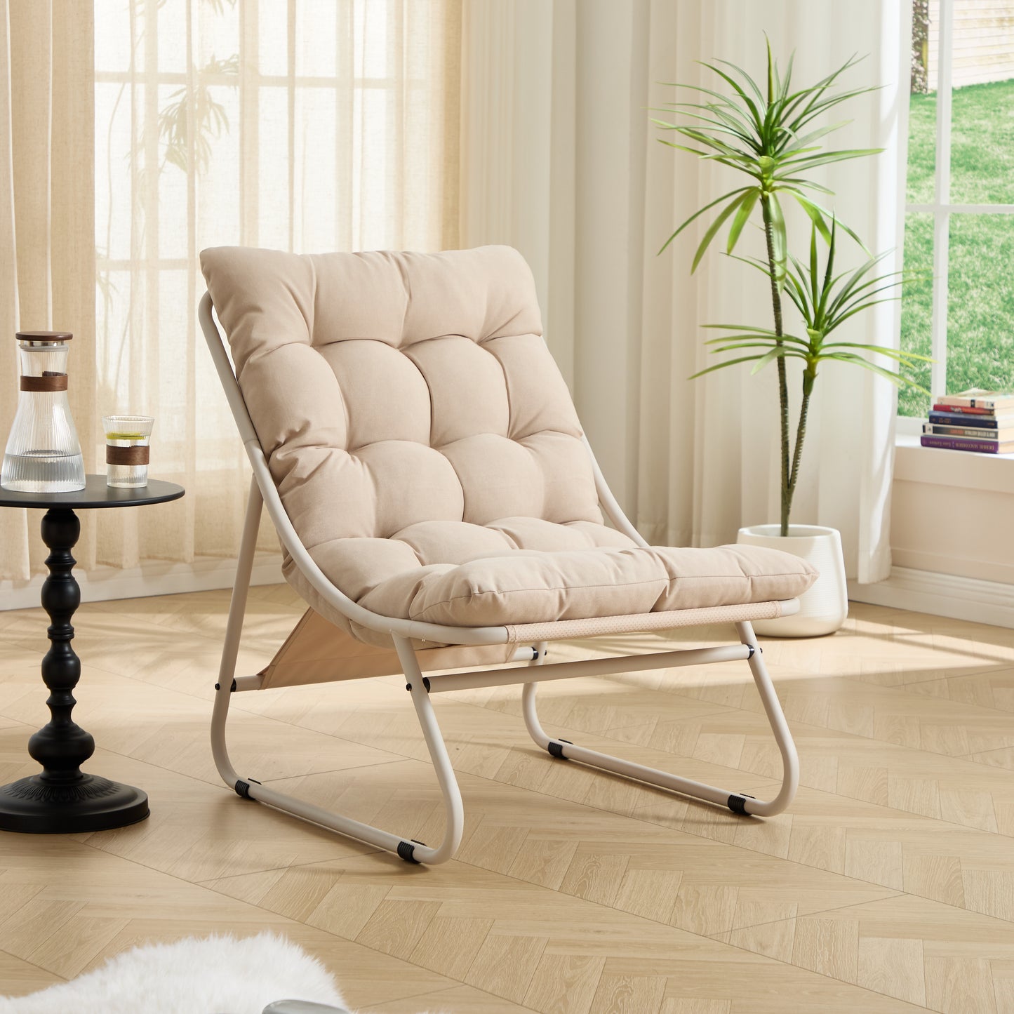 Patio Outdoor Lounge Chair with Ottoman, Comfy Sling Recliner Chair with Puffy Cushion and Foot Stool, Ideal for Living Room, Bedroom, Reading Room, Beige frame with beige cushion