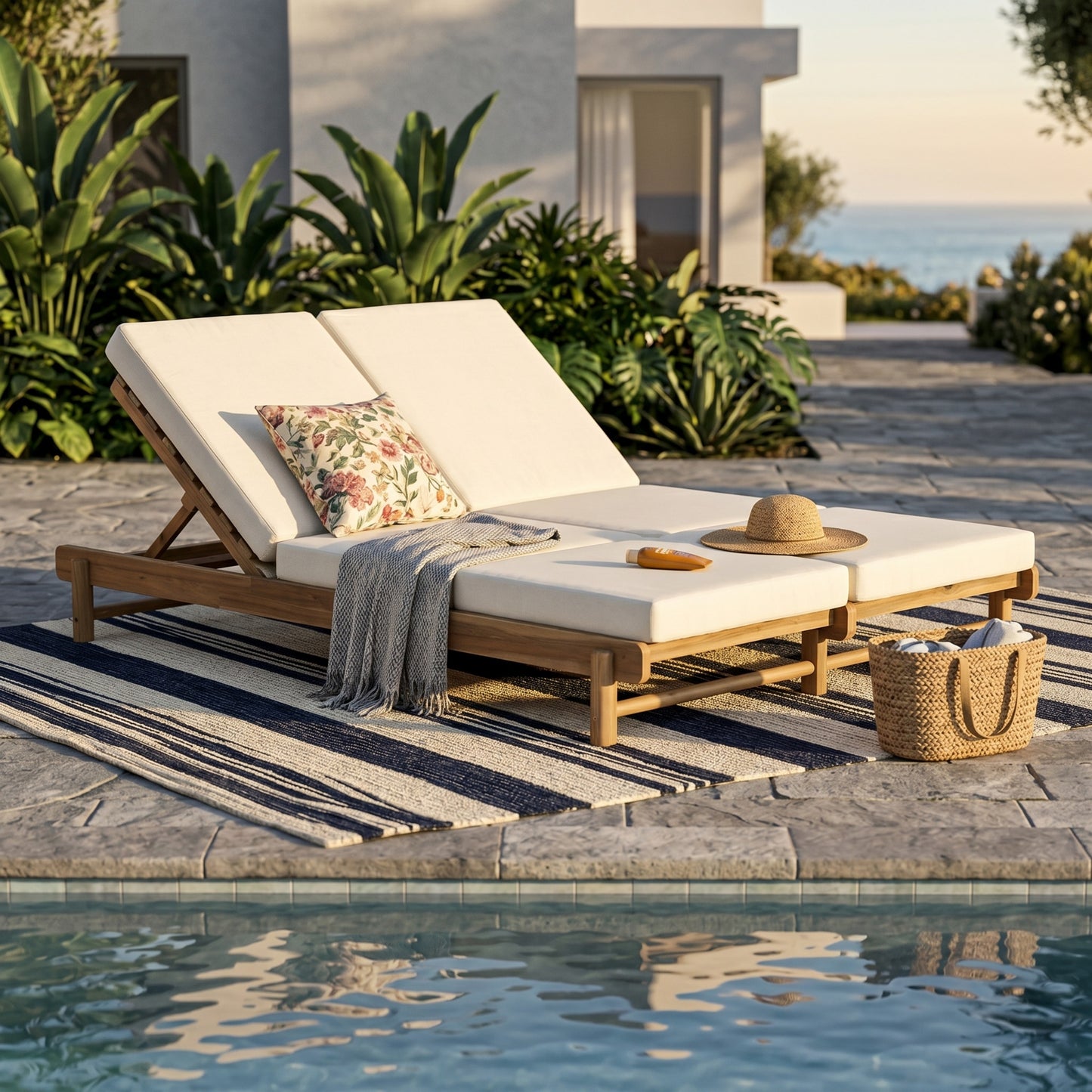 Light Teak Acacia Wood Double Chaise Lounger Set: 1 Frame + 2 Cream Cushions, 800 lbs Capacity, 3-Position Adjustable Backrest, 4" Thick 3-Fold Water-Resistant Cushions for Patio Poolside Backyard