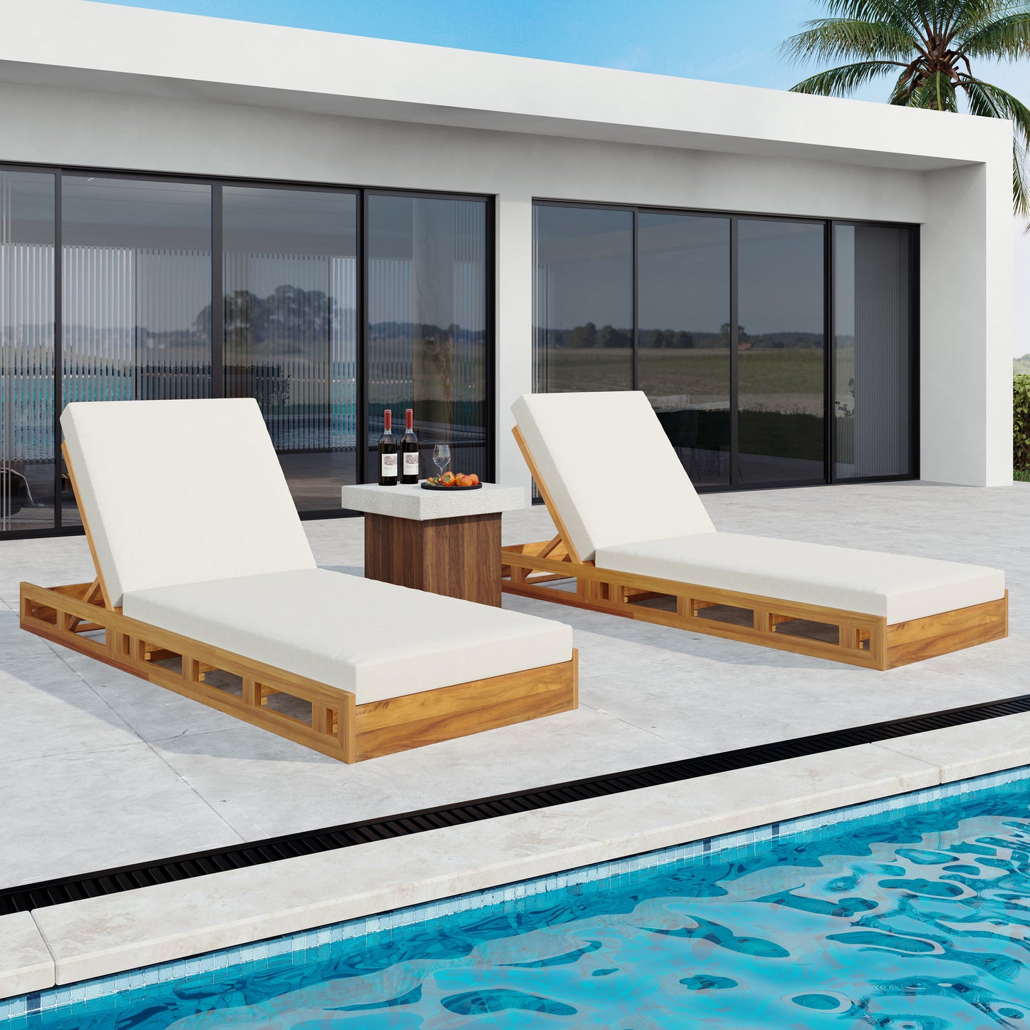 LOUNGE CHAISE SET, ACACIA WOOD WITH WATER-RESISTANT LOUNGE CUSHIONS (CREAM & 4 INCH THICK) - MATCHING DARK GREY VERSION AVAILABLE