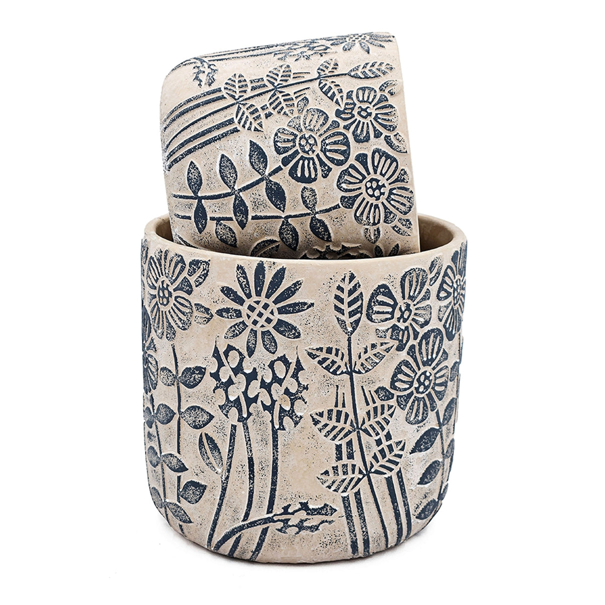 S/2 Gray Sand and Cement Planters with Blue Floral Motif, L:D7x6.7" S:D5.5x5"
