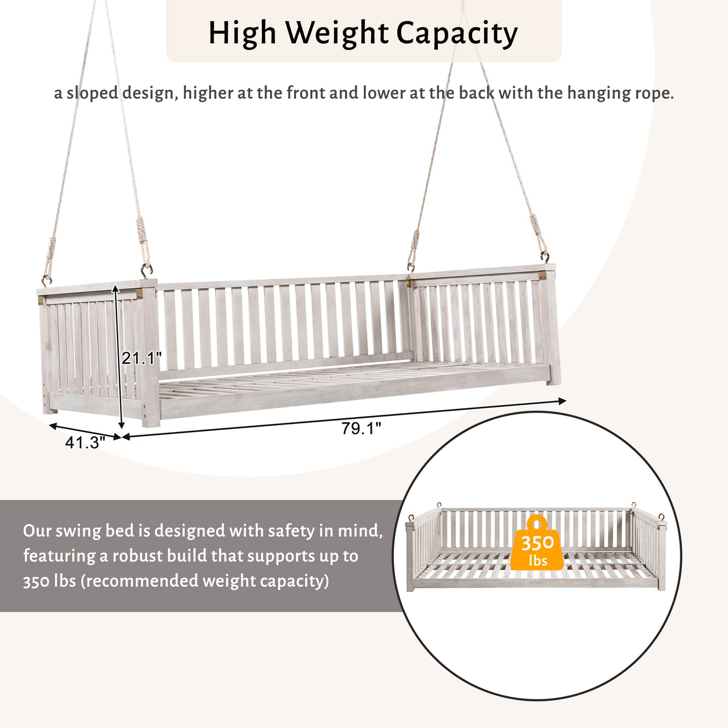 TOPMAX Patio Minimalist Twin Size Garden Swing Bed Wood Porch Swing with Ropes for Backyard, Safe Sloped Design, White