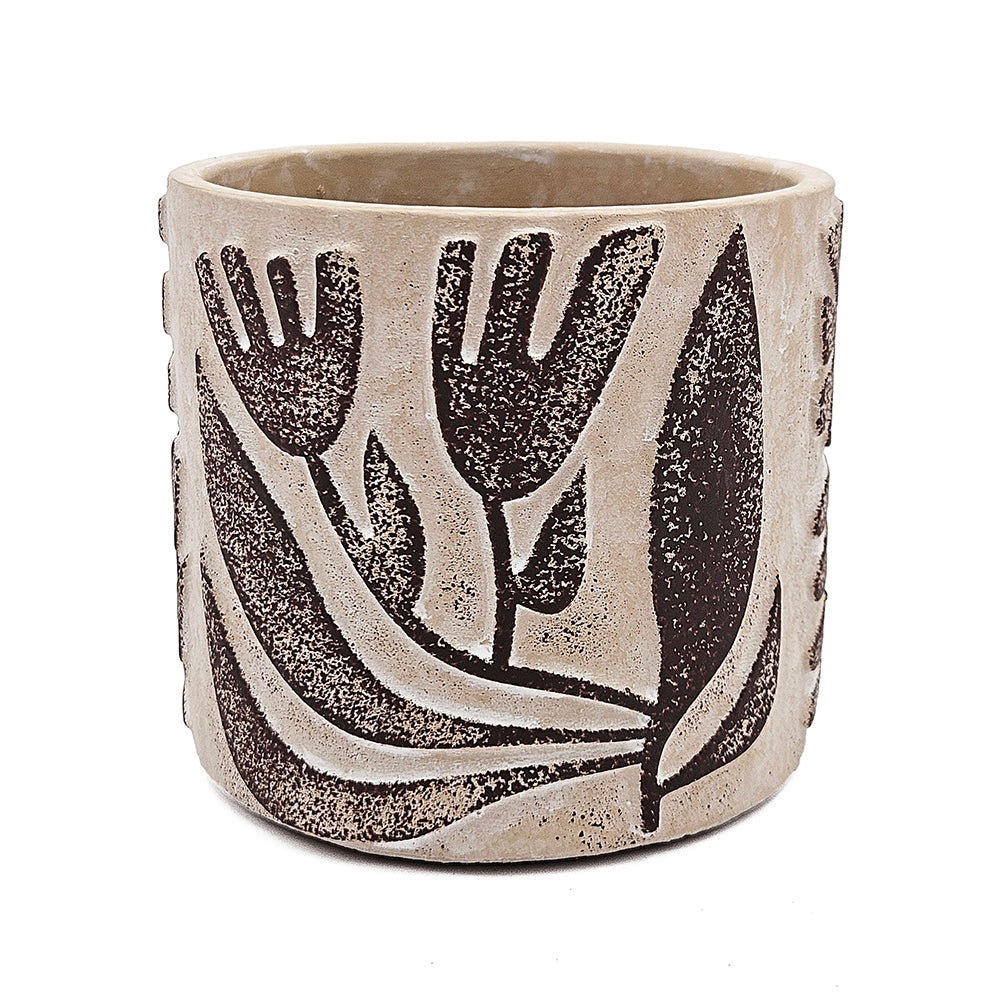 Set of 4 4.3x4.3x4" Gray Sand and Cement Planters with Brown Botanical Motifs