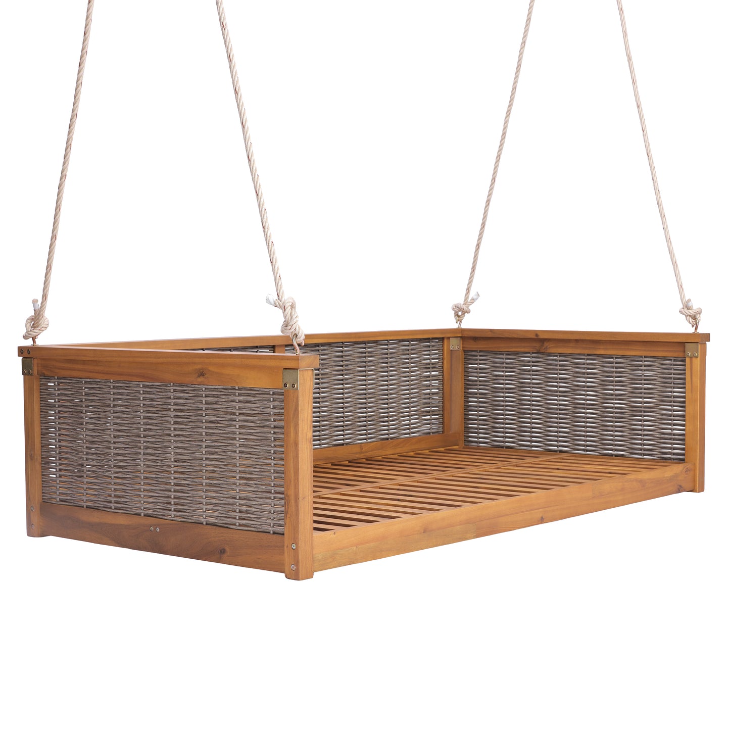 TOPMAX Outdoor Classic Solid Wood Twin Size Swing Bed,Garden Porch Rattan Swing Frame with Long Ropes for Poolside, Backyard,TEAK