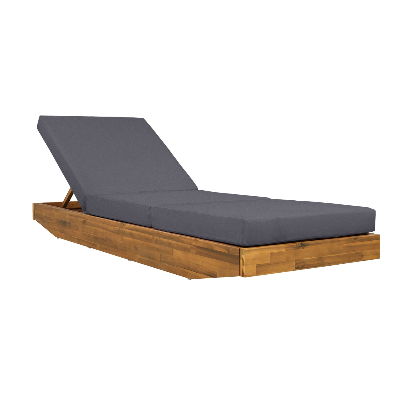 Acacia Wood Chaise Lounge with Cushion - Teak Finish Outdoor Recliner with Dark Grey 3-Fold Water-Repellent Cushion, 300lbs Capacity