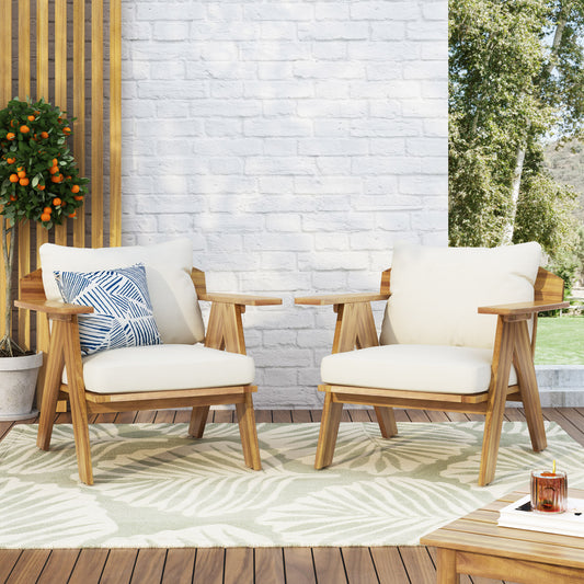 Outdoor Acacia Wood Club Chairs with Cushions (Set of 2), Teak Finish+ Beige, 30.75" W x 30.25" D x 26.00" H