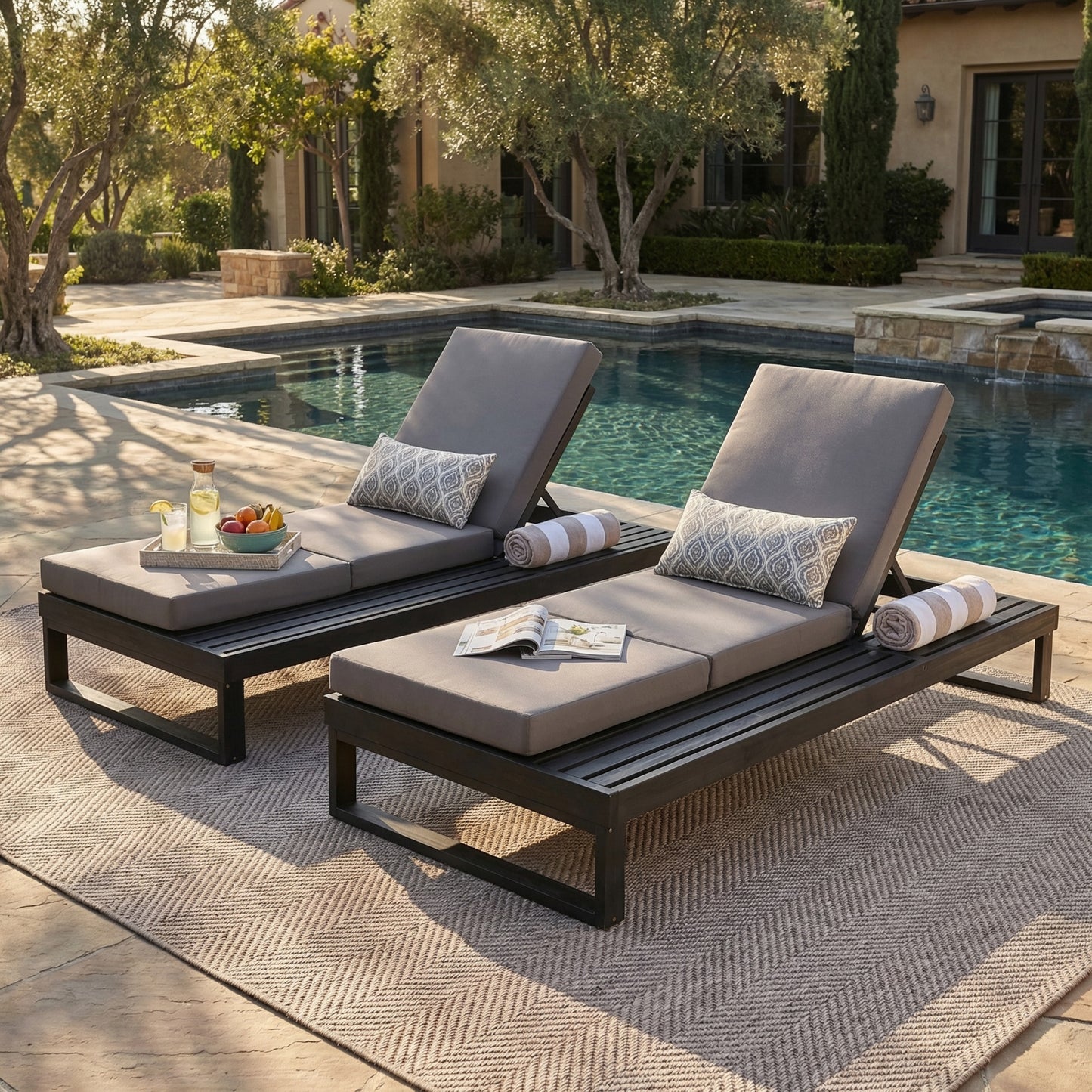 Black Acacia Wood Chaise Lounge with 4-Inch Dark Grey 3-Fold Cushion Set, 4-Position Adjustable Outdoor Patio Lounger with Flat Side Surface, for Poolside- Matching cream version available