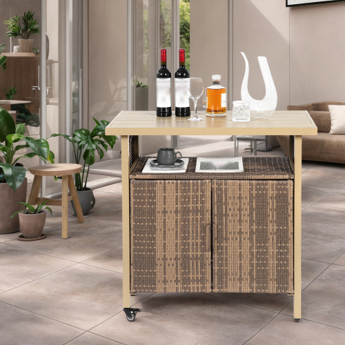 Outdoor Wicker Bar Cart, Patio Wine Serving Cart w/Wheels , Rolling Rattan Beverage Bar Counter Table for Porch Backyard Garden Poolside Party, Beige
