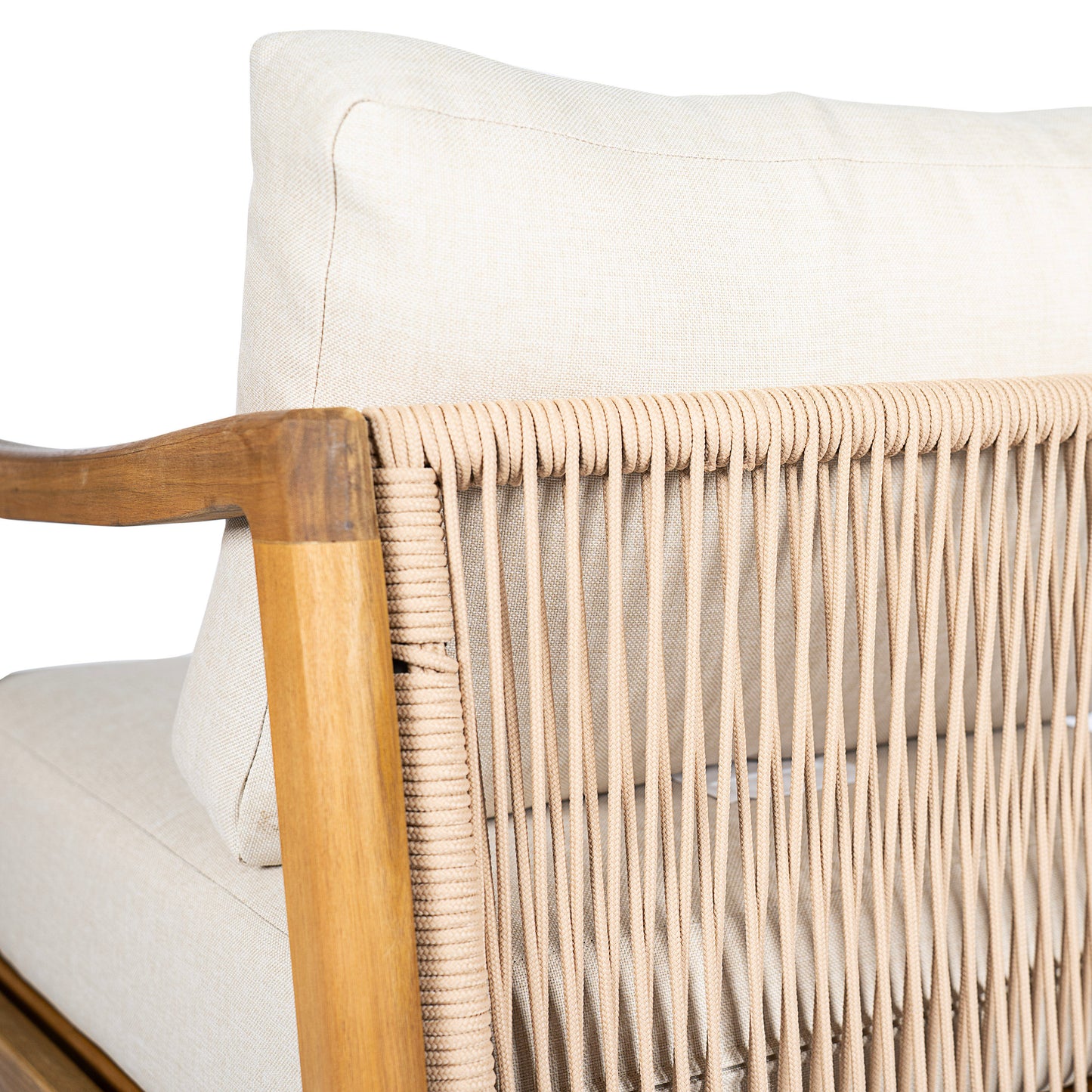 Outdoor Club Chair , Acacia Wood Frame with Rope Back Detail, Water-Repellent Beige Cushions for Patio/Backyard/Deck