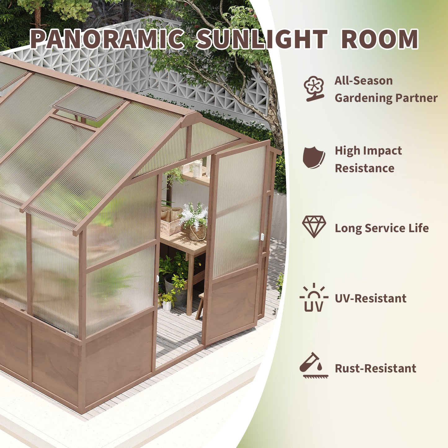 8x10 FT Greenhouse Kit, Wood Greenhouses with 6MM Polycarbonate Panel, Green House with Adjustable Vent & Lockable Door, Walk-in Greenhouse for Outside, Garden, Backyard