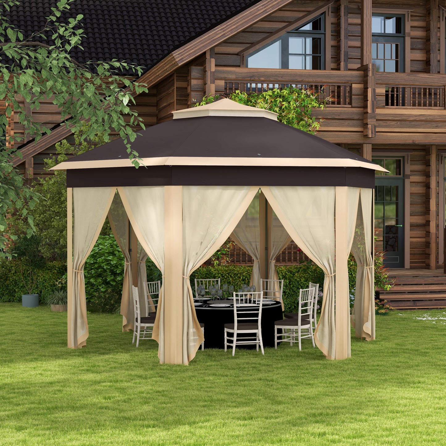 Outsunny 13' x 13' Pop Up Gazebo, Hexagonal Canopy Shelter with 6 Zippered Mesh Netting, Event Tent with Strong Steel Frame for Patio, Backyard, Garden, Wedding, Party, Beige