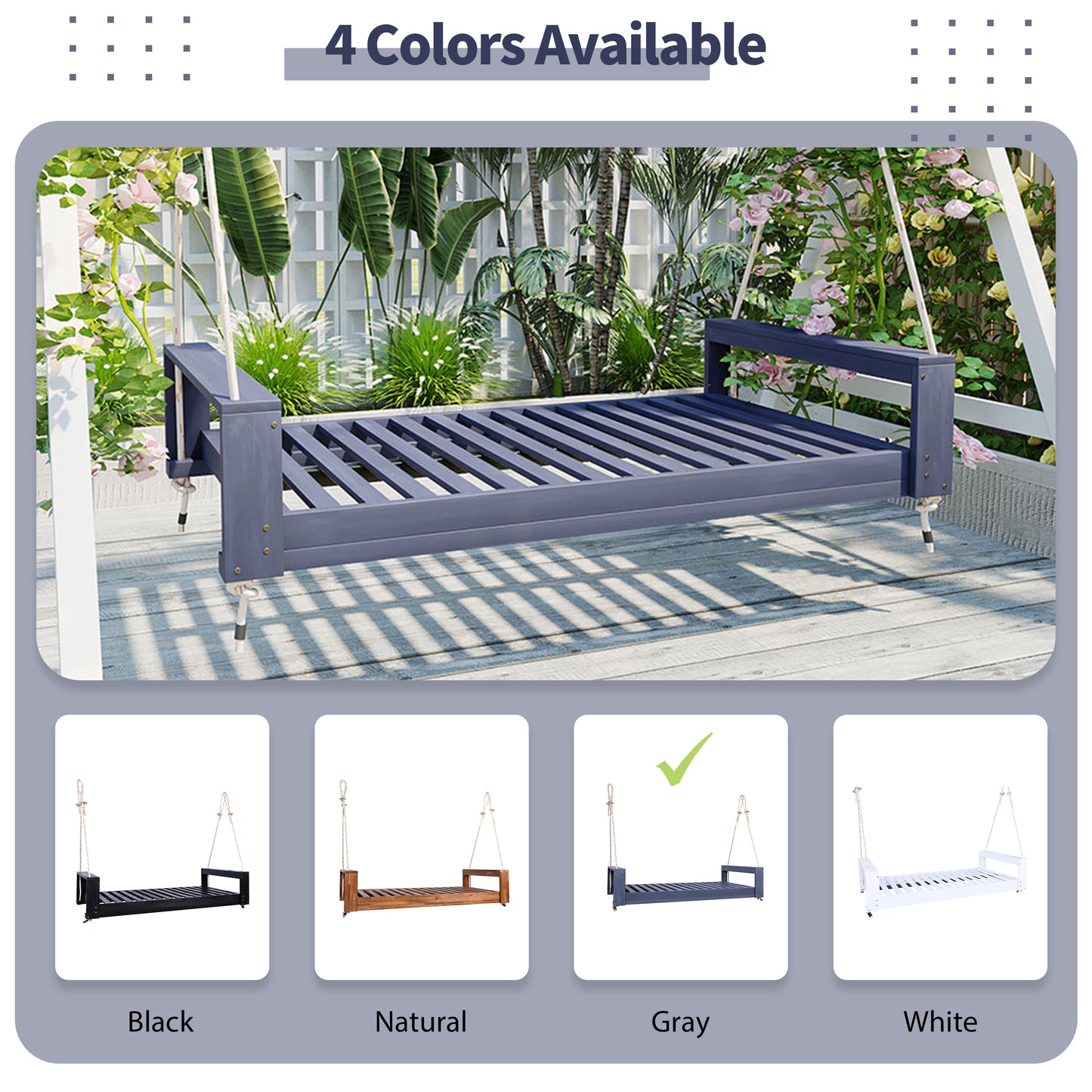 TOPMAX Twin Size Porch Swing Bed Seating Group, Patio Acacia Wood Swing Frame with Hemp Ropes for Garden, Backyard, Gray