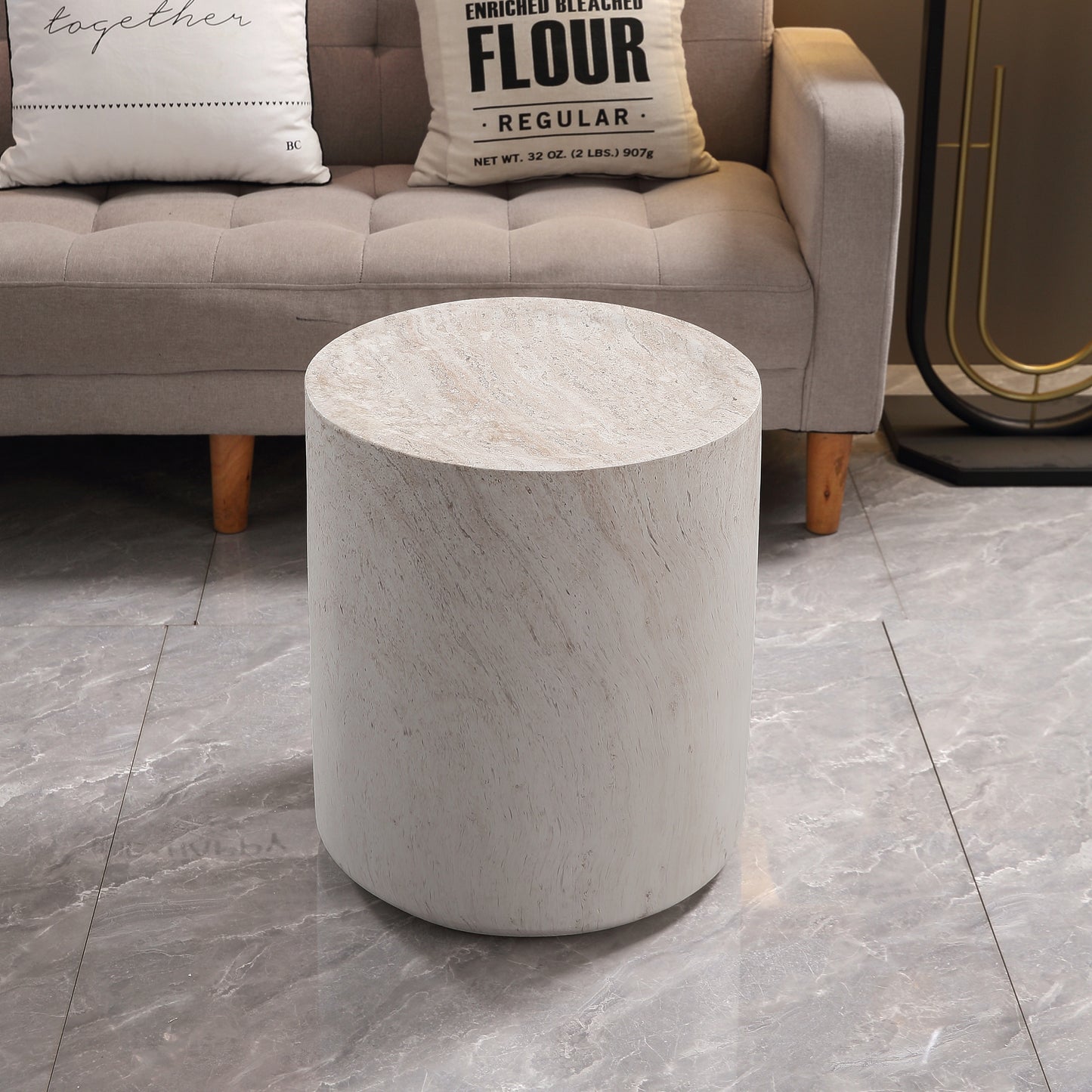 Light Travertine Finish Magnesium Oxide Drum Side Table   15.75" Diameter Round End Table