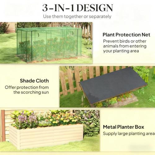 Beige Galvanized Steel Raised Garden Bed with Crop Cage Plant Protection Net and Shade Cloth, Planter Box with Cover